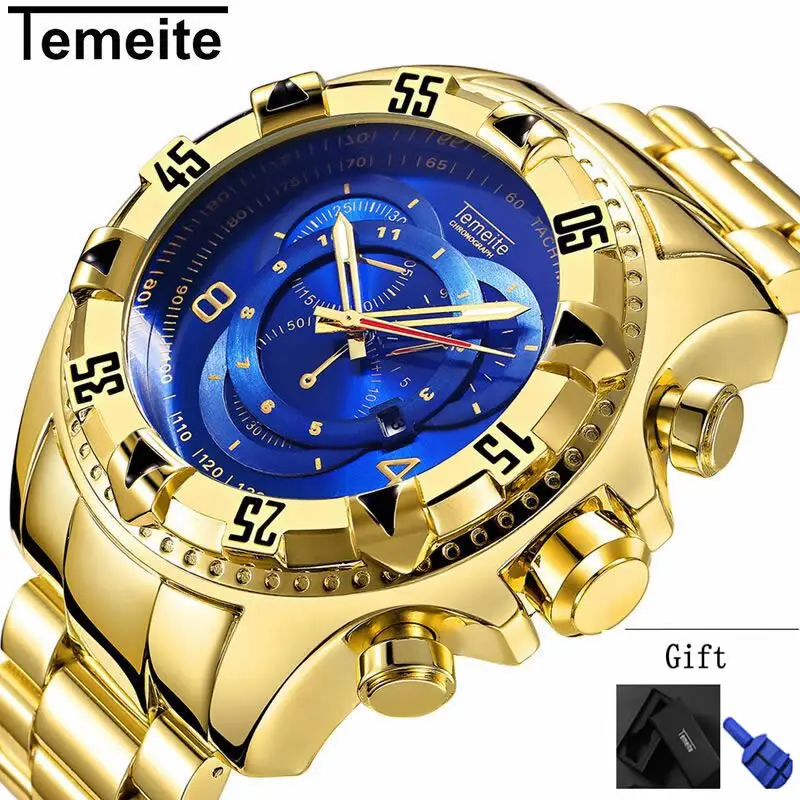 Tanie Męskie zegarki z dużą tarczą luksusowe złoto ze stali nierdzewnej 316L kwarcowe męskie zegarki na rękę wodoodporny kreatywny temeite marka man watch