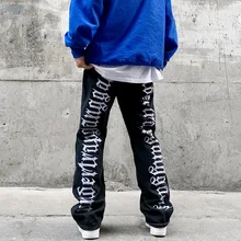 ICCLEK pantalones vaqueros rasgados de estilo Hip Hop para hombre, Jeans góticos con letras bordadas, rasgados, color negro