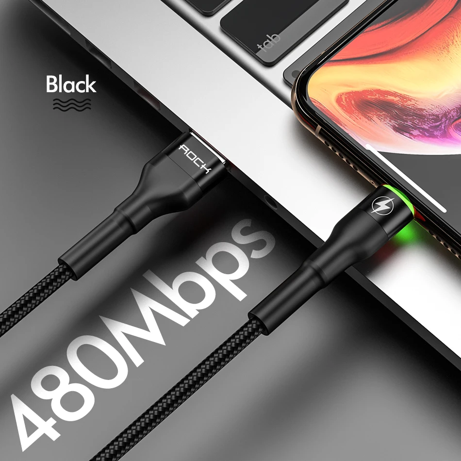 ROCK SPACE 1m 2m 3.1A Hi-Tensile USB Cable For Apple iPhone 11 PRO X XS 8 7 6 Plus Fast Charger Data Cable Charge Sync - Цвет: Black With LED Light