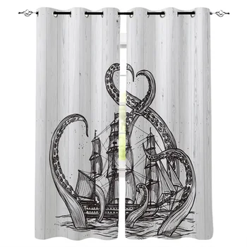 

Kitchen Curtains Octopus And Pirate Ship Window Curtains Living Room Bedroom Decor Items Curtains for Bedroom