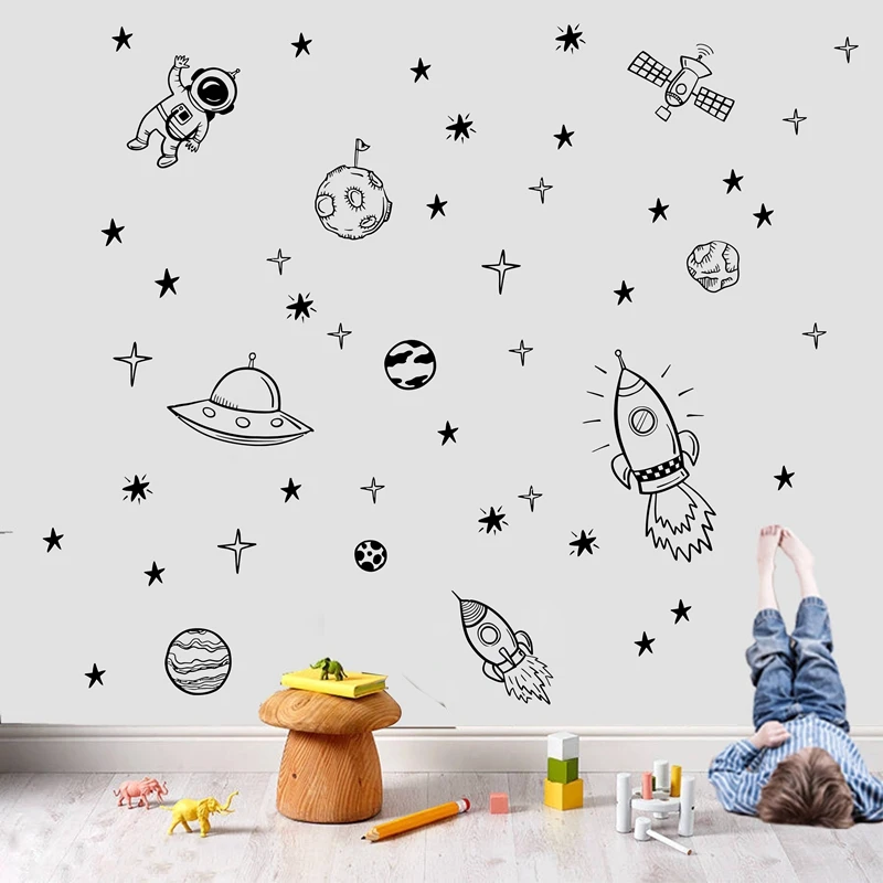 

Space Outer Wall Decals For Boy Room Rocket Ship Astronaut Creative Vinyl Wall Sticker For Kids Bedroom Decor LW689