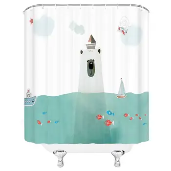 

Children Cartoon Nautical Shower Curtain Bear Cub Style Lighthouse Sailboat Aircraft Stars Fish Polyester Bathroom Decoration