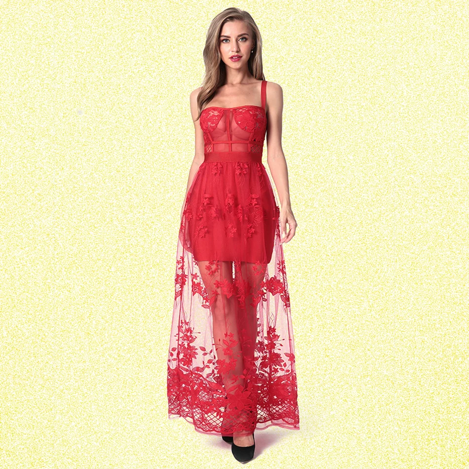 Новейшее вечернее Бандажное длинное платье, женское красное платье на бретельках без бретелек с вышивкой, сексуальное кружевное Макси платье для ночного клуба Vestidos