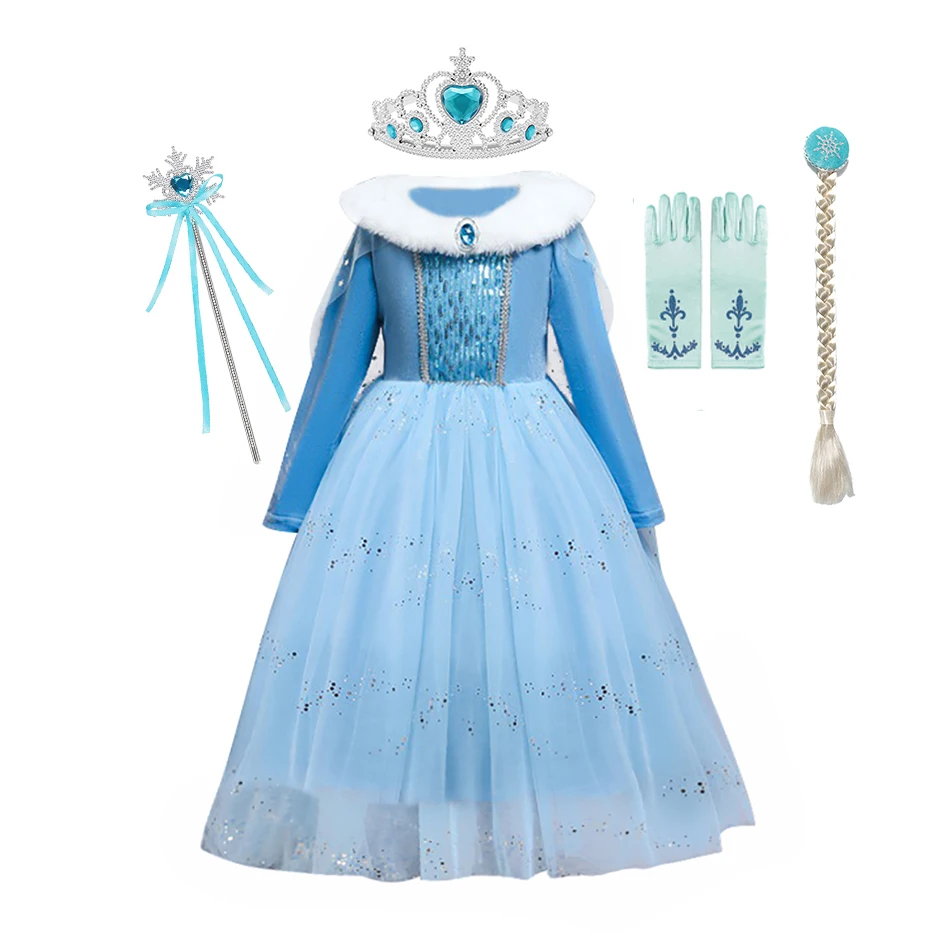 Girls Christmas Dress For Kids Elsa Anna Cosplay Costume Children Winter Warm Fur Collar Dress Elegant Blue Sequins Party Outfit fancy baby dresses Dresses