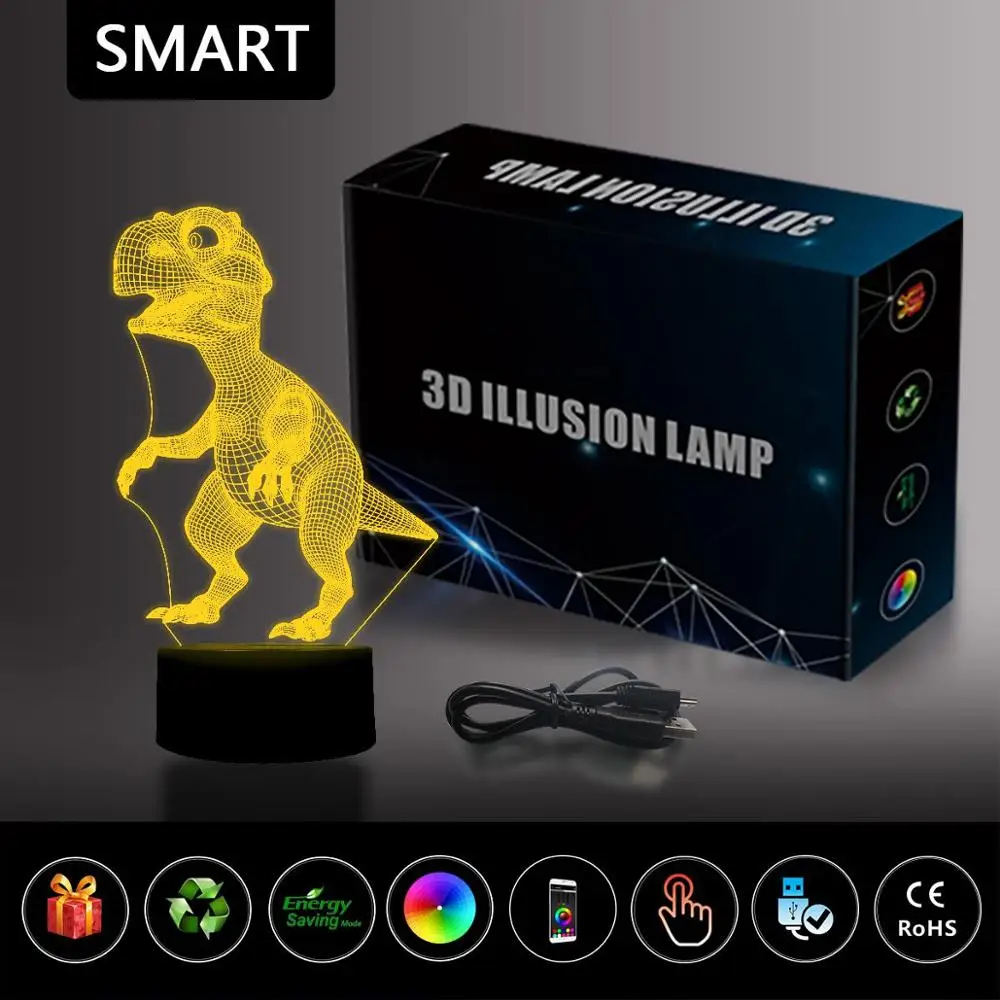 NiteApps Carton Dinosaur 3D RGB LED Night Light Desk Table Illusion Lamp Holiday Birthday Gift APP/Touch Control