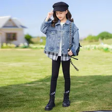Veste en jean à carreaux pour enfants et adolescents, faux deux vêtements d'extérieur à la mode printemps automne, hauts décontractés pour l'extérieur de l'école, pour enfants de 12 à 14 ans