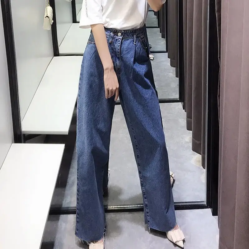 Женские свободные джинсы для отдыха с высокой талией, Ретро стиль, широкие женские джинсы, корейский стиль, полная длина, модные шикарные джинсы на молнии