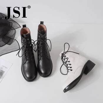 

JSI Winter Ankle Boots Genuine Leather Women Boots Fashion Ankle Boots Med Heel Ladies Shoes Round Toe Lace-Up Women Boots JO269