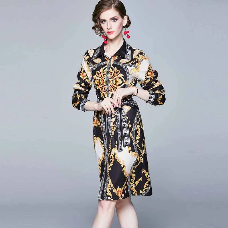 

2019 Autumn Europe And America Versatile Waist Hugging Slim Fit Slimming Lace-up Printed Single Breasted Dress