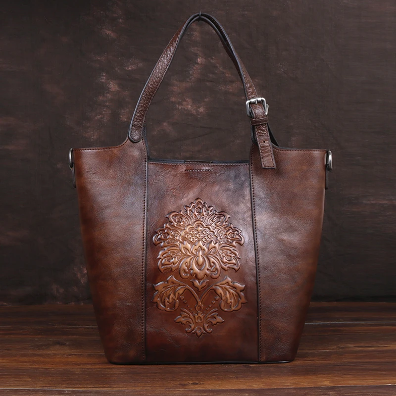 

New Women Genuine Leather Top Handle Bags Multi-Capacity Handbag Luxury Retro Flower Embossed Female Tote Shoulder Shopping Bag