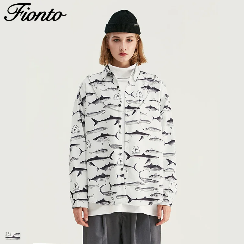 

Fionto Men's Wear Fall 2019 New Trendy Arctic Fish Full Edition Digital Printed Loose Men's Long Sleeve Shirt