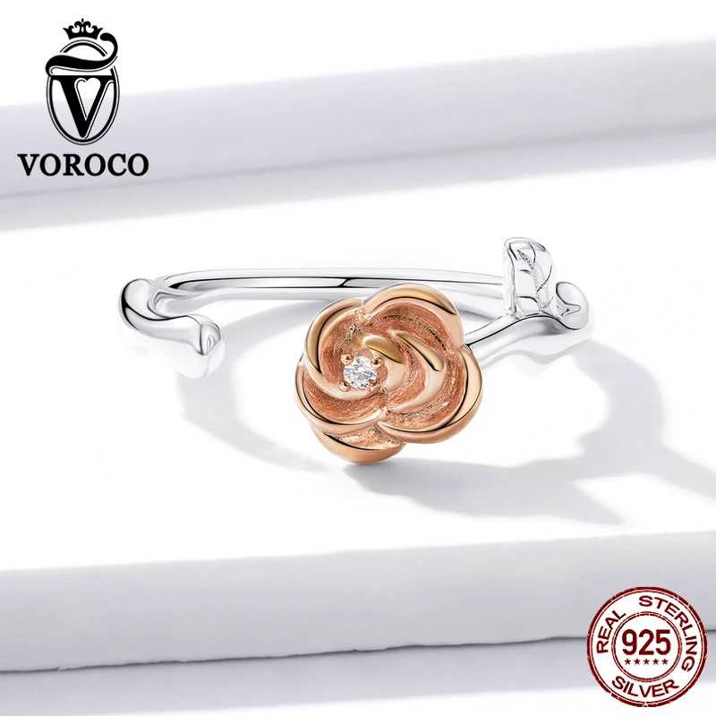 VOROCO ZBS182 925 пробы, Серебряная роза, Золотая романтическая роза, 3D цветок, кольцо и серьги-гвоздики и ожерелье, ювелирный набор, женский подарок