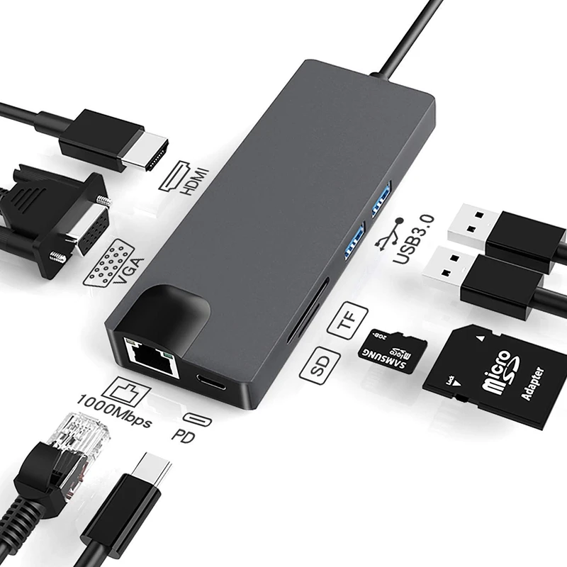 USB C концентратора, 8 в 1 взаимный обмен данными между компьютером и периферийными устройствами C адаптер с 4K кабель-Переходник USB C на HDMI, VGA, зарядка PD Порты и разъёмы, с 2 портами(стандарт 3,0, светодиодный дисплей, SD/TF Card Reader и гигабитным портом Ethernet, поддерживается установка программного обеспечения для