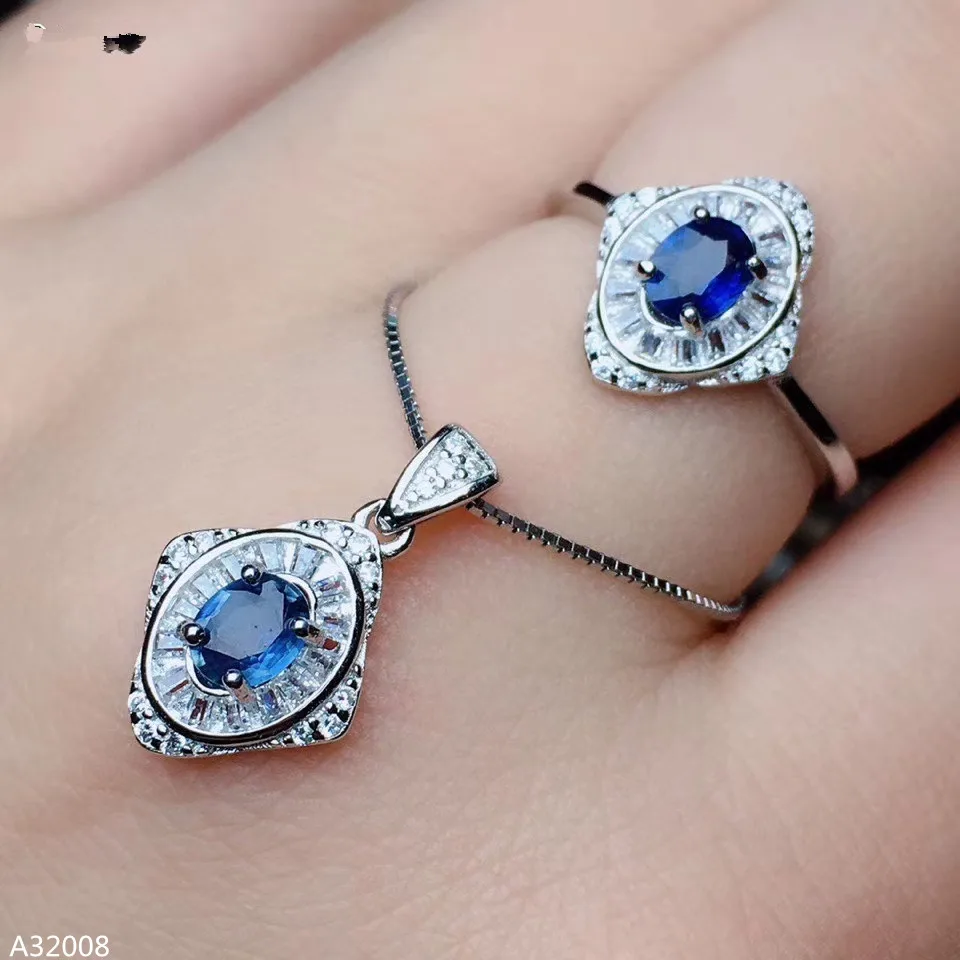 

KJJEAXCMY Fine jewelry 925 Sterling Silver Natural 5A Grade Sapphire Girl Ring Necklace Pendant 2 Piece Set New Luxury Support T