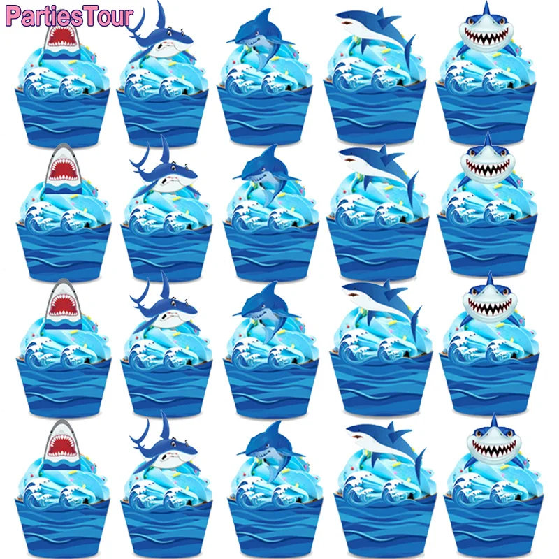24Pcs Tema Nautico Blue Shark Cupcake Toppers Cake Wrapper Shark Birthday Party Cake Toppers Per Baby Shower Decorazioni Per Feste