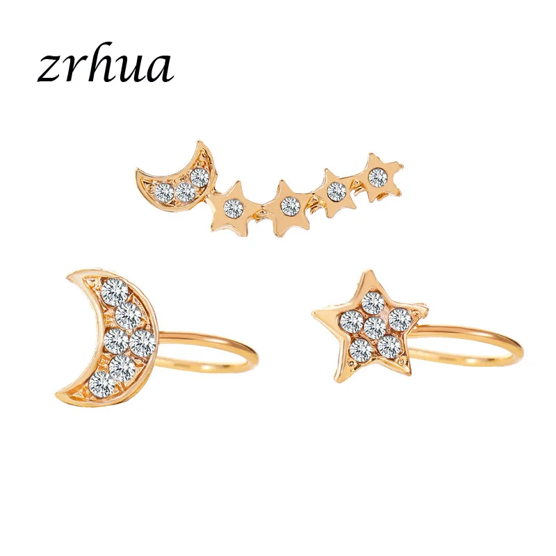 3PCS Винтажные серьги-клипсы с Луной и звездой, золотой цвет, Кристальные серьги-манжеты, женские серьги-клипсы, серьги-манжеты, 3 шт., распродажа - Окраска металла: 3PCS