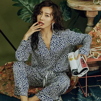 

Spring Women Faux Silk Satin Leopard Pajamas Set Long Sleeve Sleepwear Pajamas Suit Female Homewear 2 Pieces Top+ Pant Pyjama