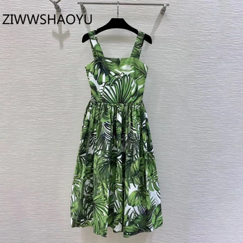 

ZIWWSHAOYU Summer Women Elegant Vintage Midi Dresses Runway Designer Ladies Green Leaf Print Backless Spaghetti Strap Dress 2020