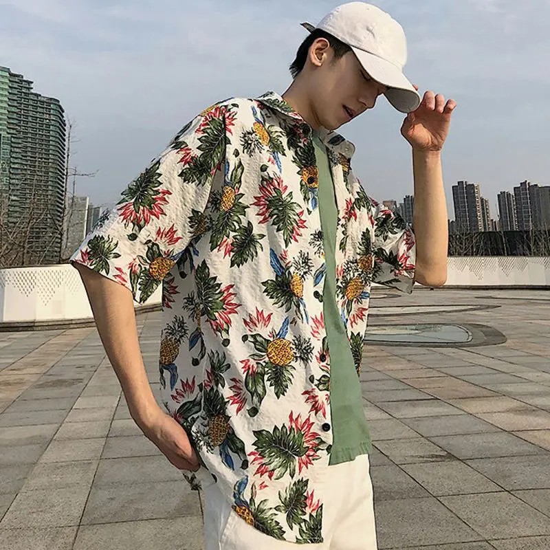 Men Fashion Summer Shirts Leaves Flower Pineapple Print Loose Short Sleeve Shirt Male Hawaiian Style Beach Shirt x