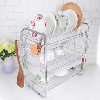 

3 Layer Dish Drainer Iron Art Kitchen Cutlery Drain Rack Utensils Storage Organizer Rustproof Dishes Plates Organization Shelf (