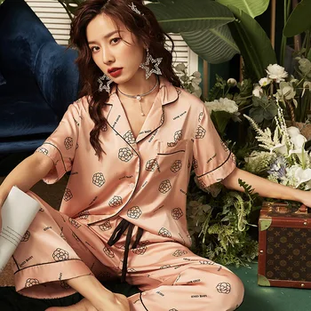 

Pink Print Flower Nightwear Pajamas Suit Short Sleeve Women Satin 2PCS Sleep Set Intimate Lingerie Casual Summer Sleepwear