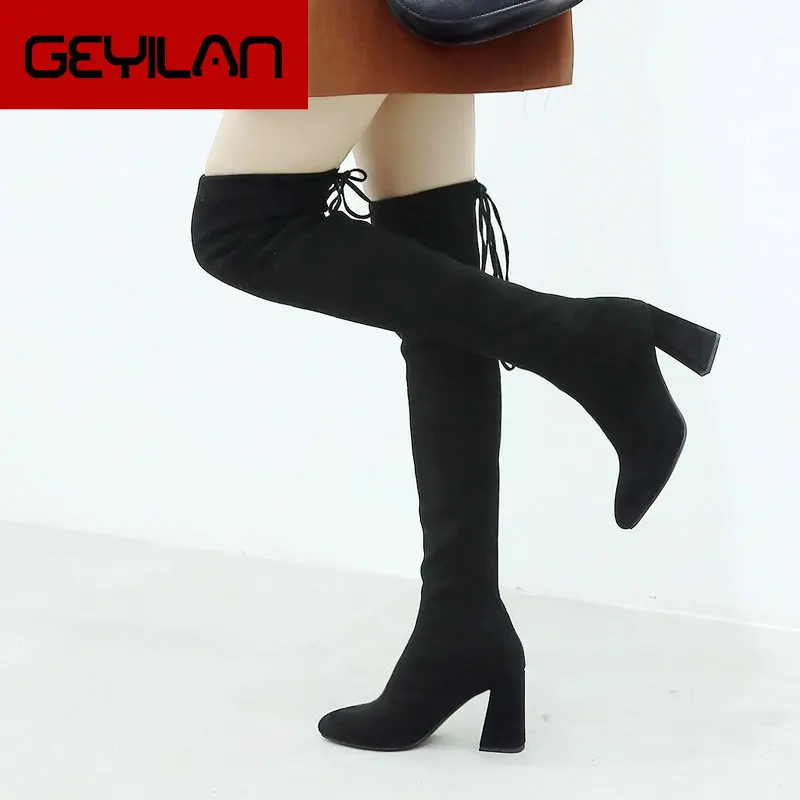 

Women Over The Knee Boots Flock Square High Heels Long Boots Slip On Pointed Toe Autumn Winter Fashion Boots Ladies Shoes