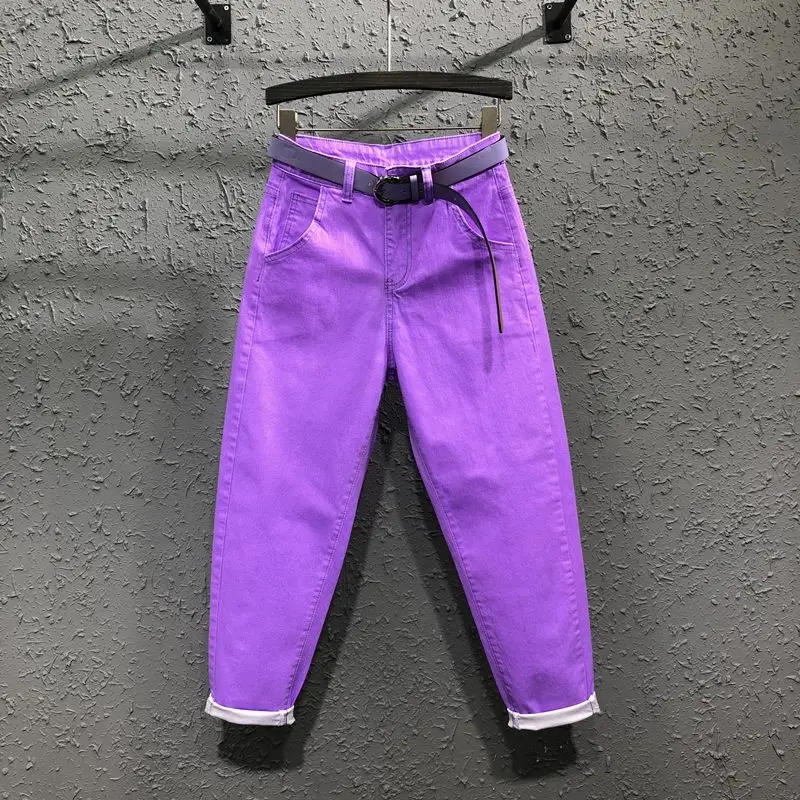 Bright Purple Jeans Women 2021 New Spring Autumn Ankle-length Denim Trousers Stretch High Waist Letter Embroidery Harem Pants