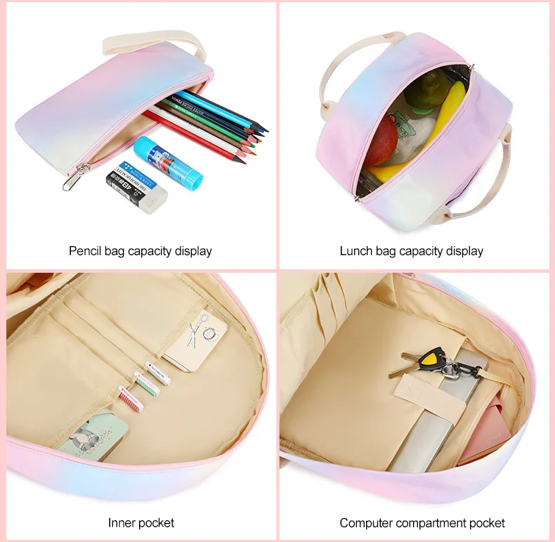 Child Girl Backpack Elementary Student Bag Rainbow Kids Bookbag Teen Girls School Bag with Lunchbox Pencil Case Waterproof 6