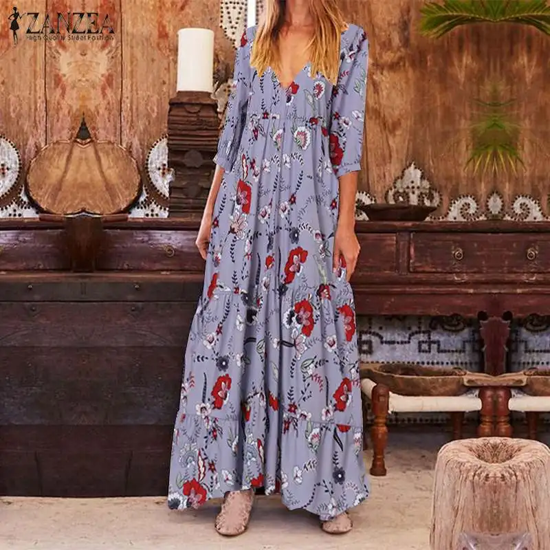 

Autumn Casual 3/4 Sleeve Dress ZANZEA Floral Printed Bohemian Sundress 2019 Women Sexy V Neck Party Long Maxi Vestido Femme Robe