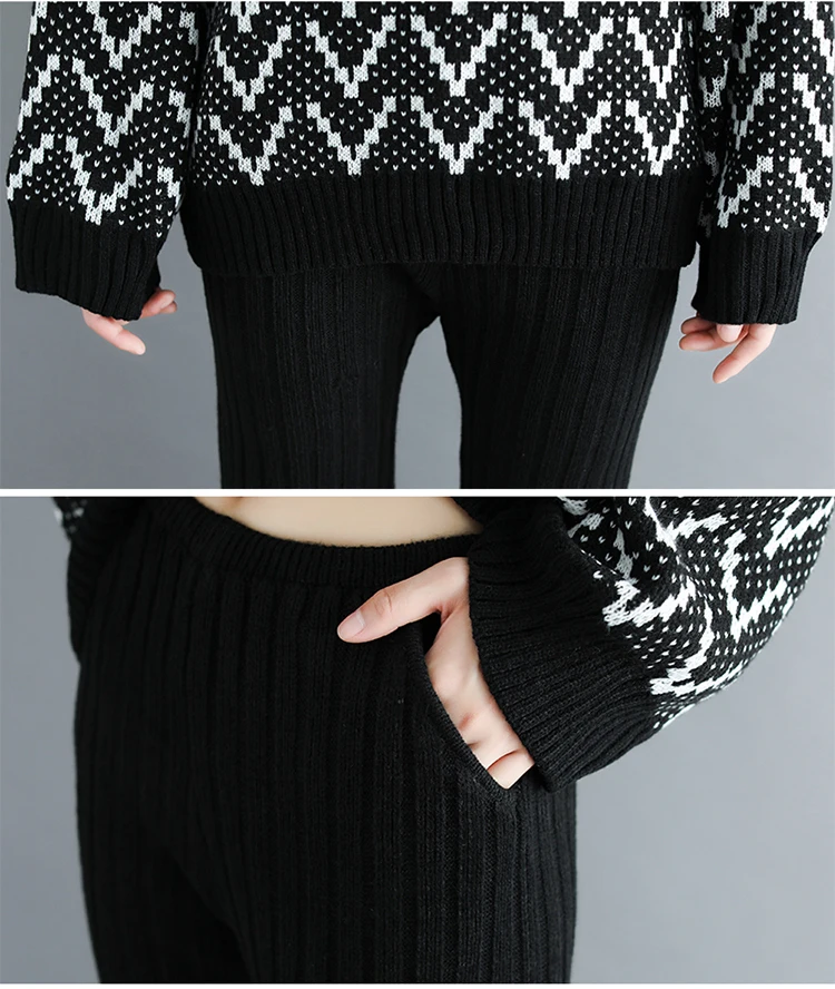 Plus Size Women European Fashion Women'S Suits Knitting Sweaters Autumn Geometric Turtleneck Winter One Set Tops+ Pants