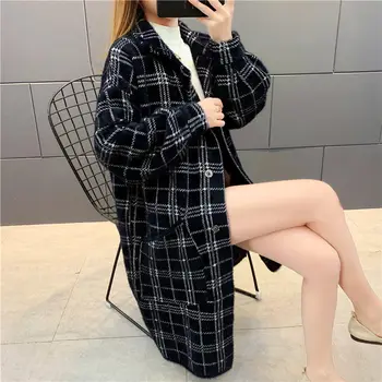 

Imitation Mink Overcoat Women Long Plaid Sweater Female Thick 2020 Autumn Winter Clothing Fashion Lantern Sleeve Cardigan Coat