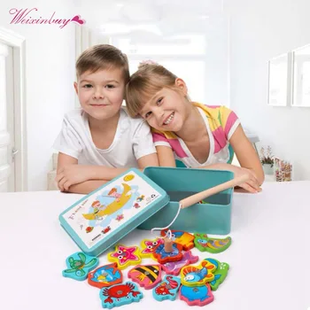 

1 Set Iron Box Fishing Wooden Game Set Baby Educational Toy Cognition Magnetic Toys Set Kids Gifts