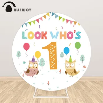 

Allenjoy Cartoon Photozone Happy 1st Birthday Owl Flag Balloons Baby Shower Circle Background Cover Kid Event Party Round Banner