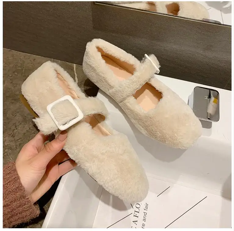 EOEODOIT Autumn Ballet Flats Shoes Casual Fur Shoes Square Toe Retro Fashion Women Lady Elegance Flat Heel Shoes