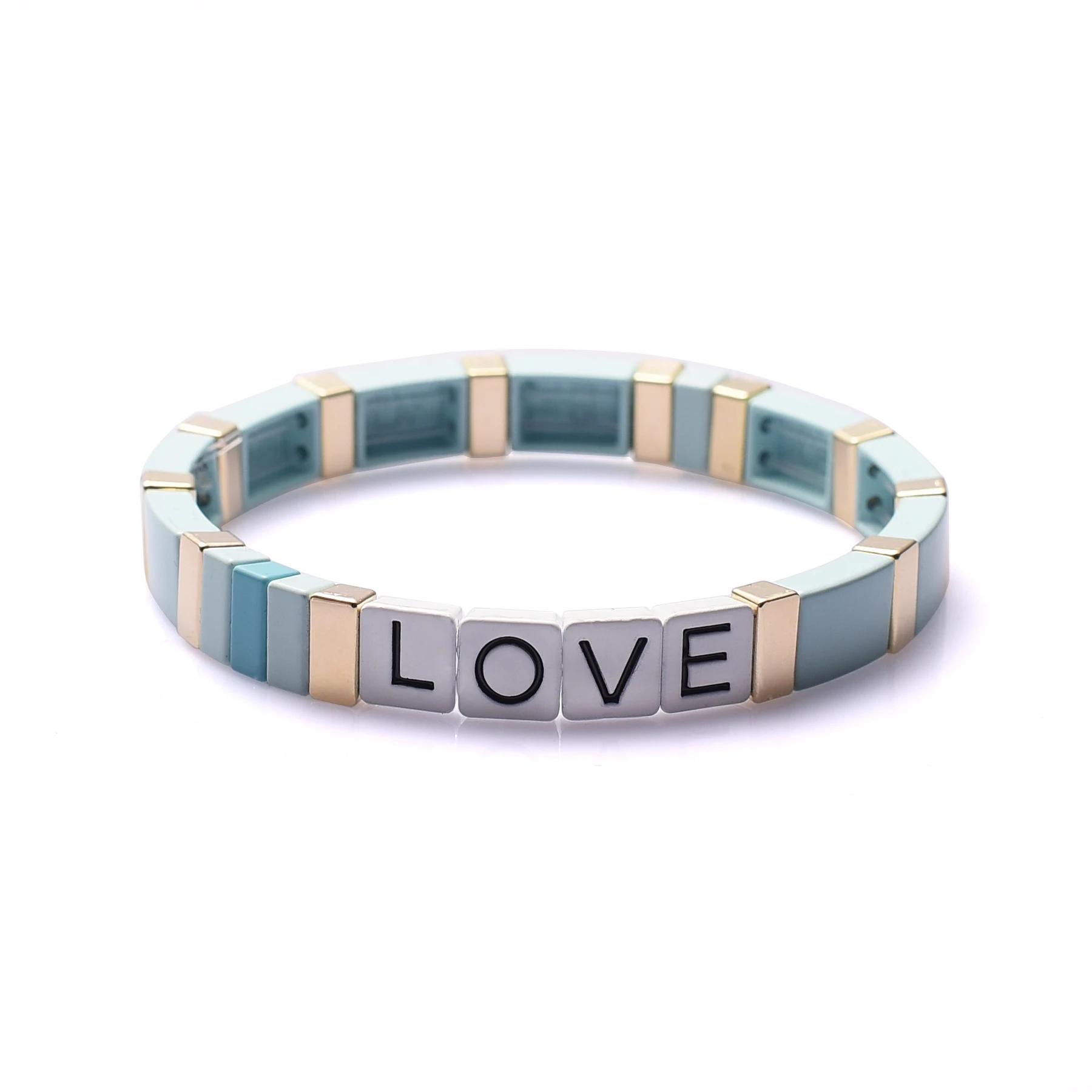 

LOVE Enamel Tile Bracelet Metal Beaded Stretch Bracelet Geometric Stackable ColorBlock Strand Bracelet Friendship Women Girls