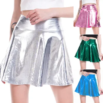 

Hot Sale Solid Color Skirts Womens Casual Fashion Shiny Metallic Flared Pleated A-Line Jupe Femme Mini Skirt 2019 Spodnica #C11