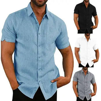 

Summer Casual Tee Top for Men Cotton Linen Short Sleeve Male T-shirt Casual Loose Dress Blouse Soft Slim Homme Tee Top