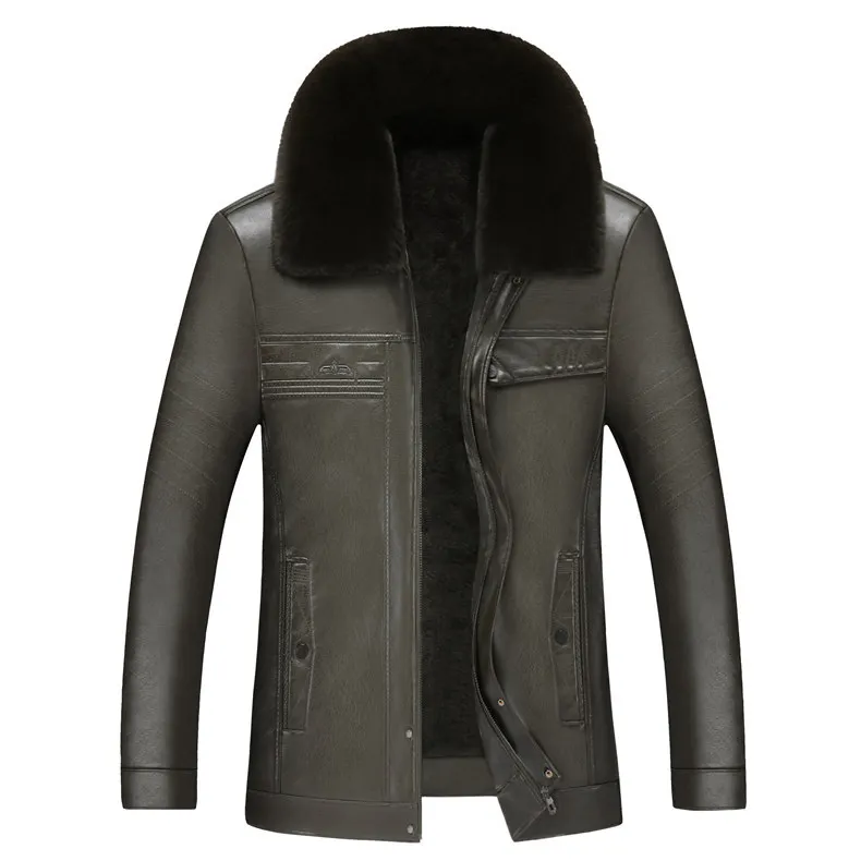 2019pu Hide Substance Warm Liner Coat MEN'S Zipper Doubled Fur Collar Leather Coat