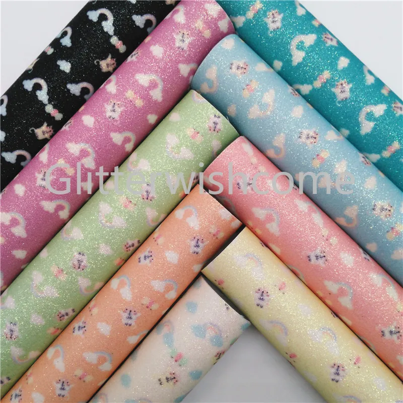 

Glitterwishcome 21X29CM A4 Size Rainbow Unicorn Printed Glitter Fabric, Glitter Leather, Leather fabric Vinyl for Bows, GM519A