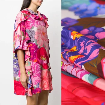 

135CM Wide 18MM Blue Floral Print Stretch Colorful Silk Crepe de Chine Fabric for Summer Dress Shirt Scarf Cheongsam Suit DE1246