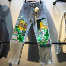 Новая мода весна осень вышитые атласные с высокой талией прямые джинсы женские брюки ретро джинсовые штаны