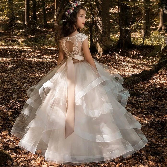 Contador Peaje Cambiarse de ropa Vestidos Elegantes de flores para niña, Apliques de encaje champán, sin  mangas, vestidos de desfile en cascada para niños, vestidos de primera  comunión para bodas _ - AliExpress Mobile