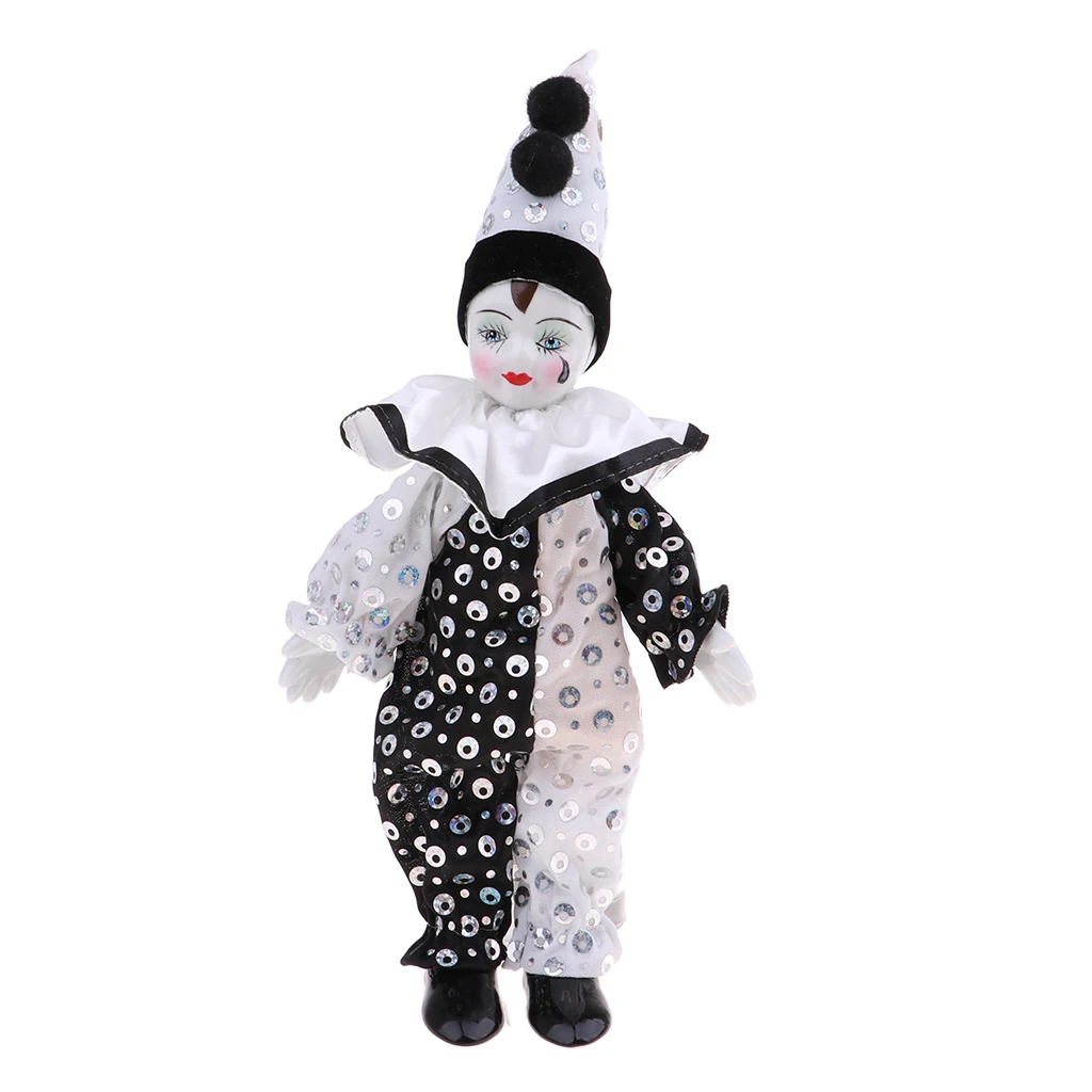 9 Inch Porcelain Smiling Clown Doll Wearing Classic Outfits, Funny Harlequin Doll, Circus Props, Halloween Decor