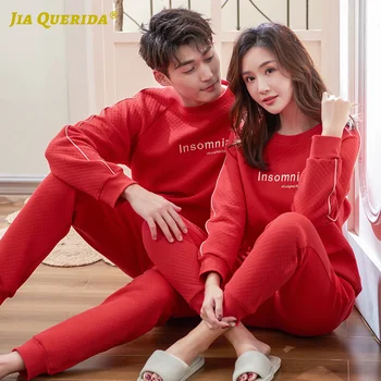 

Red Solid Men and Women Couple Pajamas Set Homesuit Homeclothes Fashion Style Casual Style Long Sleeve Long Pants Sleepwear