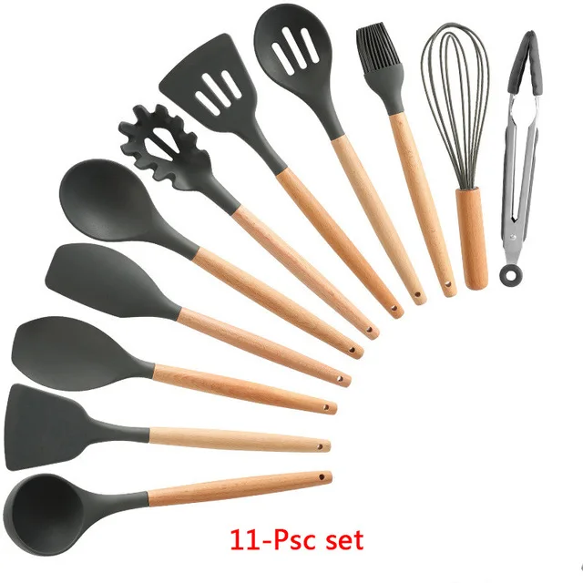 11- kitchen set Набор для кухни, 11/12 предметов. силиконовых кухонный набор, антипригарная, деревянная, ручка, набор кухонных инструментов, набор кухонных принадлежностей, c держателем коробка, для готовки,кухонная утварь - Цвет: 11- kitchen set