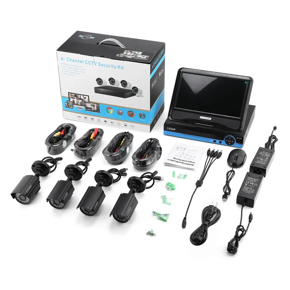 

LESHP 4 Channel 960P HD DVR CCTV Security System Kit 4pcs AHD Camera Set with 10 inch LCD Monitor Video Surveillance System