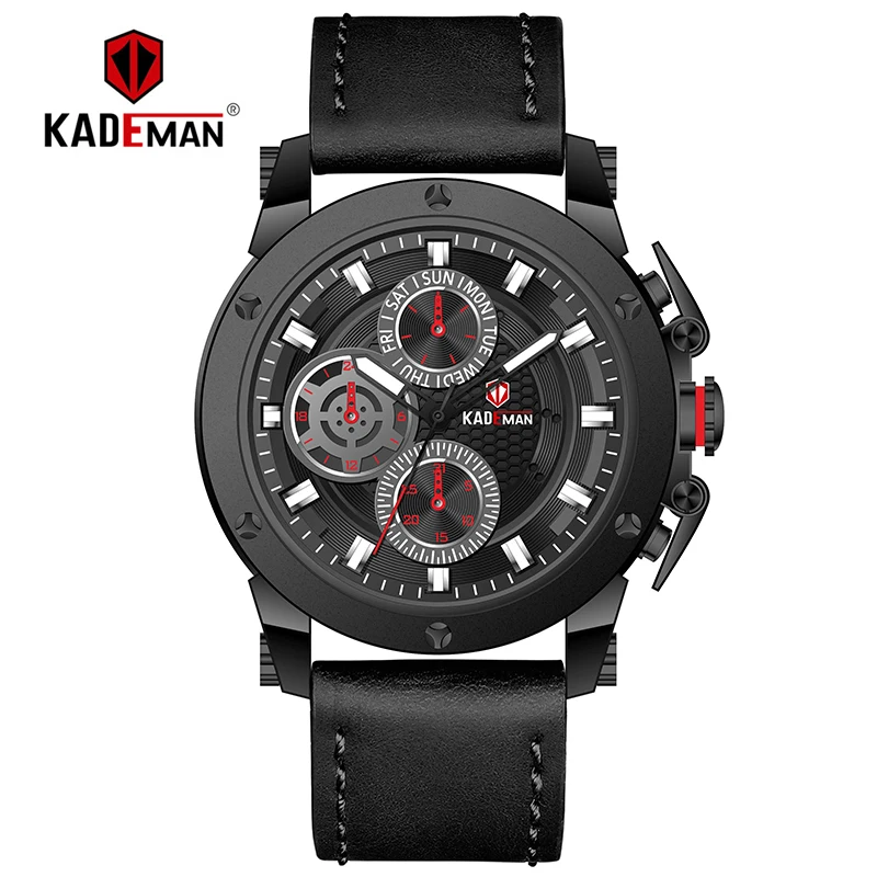 

KADEMAN Men's Quartz Wrist Watch 6 Hands with Function Leather Strap Top Luxury Brand Waterproof Relogio Masculino 116G Hot Sale