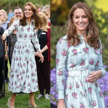 

The Duke and Duchess of Cambridge Star of the Same Paragraph, Fall 2020) New Women's Lapel Long Sleeves Light Blue Print Dress