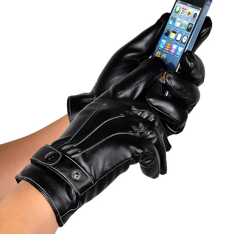 

Men Winter Leather Black Gloves Button Warm Mittens Luxurious PU Leather Driving Men's Genuine
