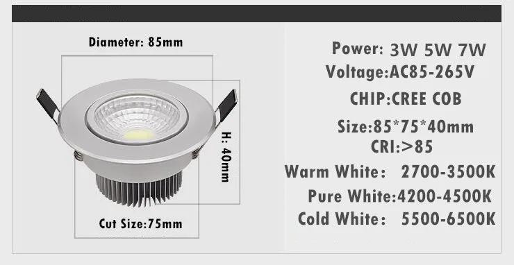 1X  Super Bright Dimmable  Led downlight light COB Ceiling Spot Light 3w 5w 7w 12w   ceiling recessed Lights Indoor Lighting